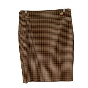 Ann Taylor Factory Brown Plaid Pencil Skirt Gold Buttons Size 4 Check Lined